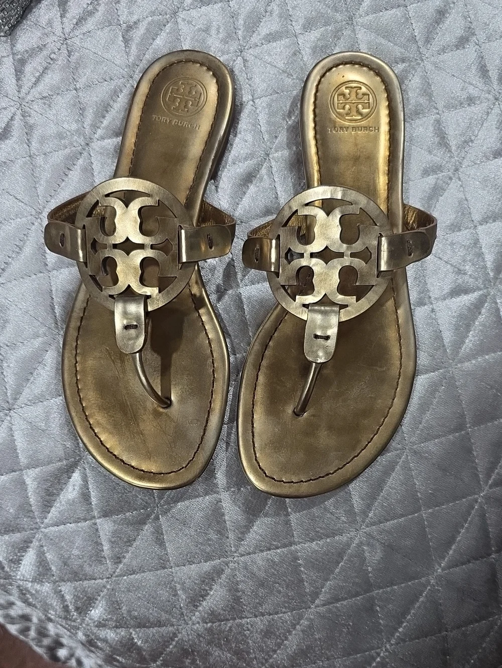 Tory Burch Metallic Bronze Gold Logo Thong Sandals